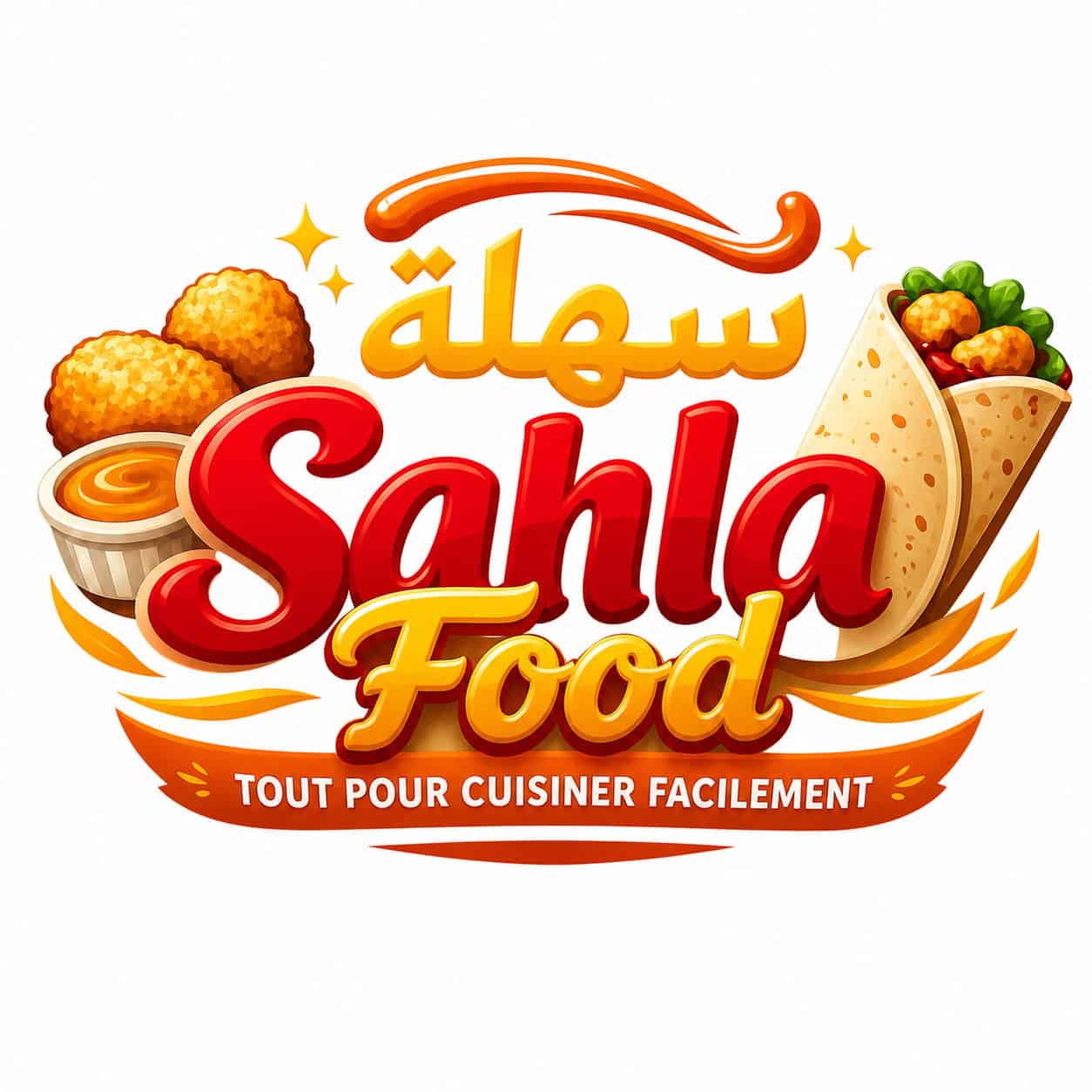 Logo de SAHLA FOOD avec wraps, falafel et samoussas appétissants.