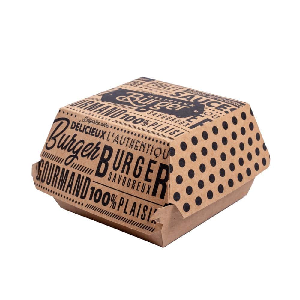 Emballage de burger en papier kraft avec texte et motifs.